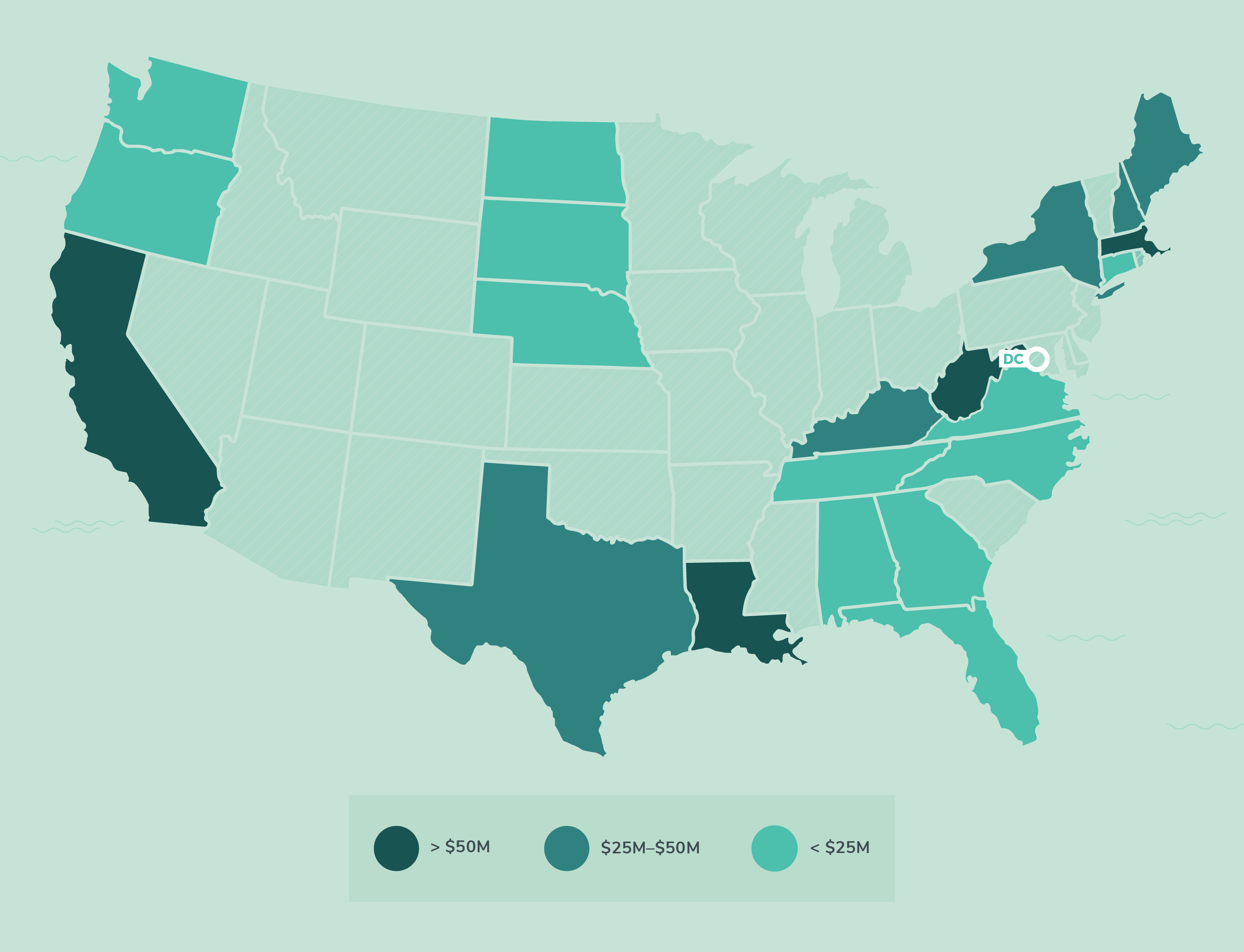 Map of the US indicating the 21 states where BlueHub has made NMTC investments.