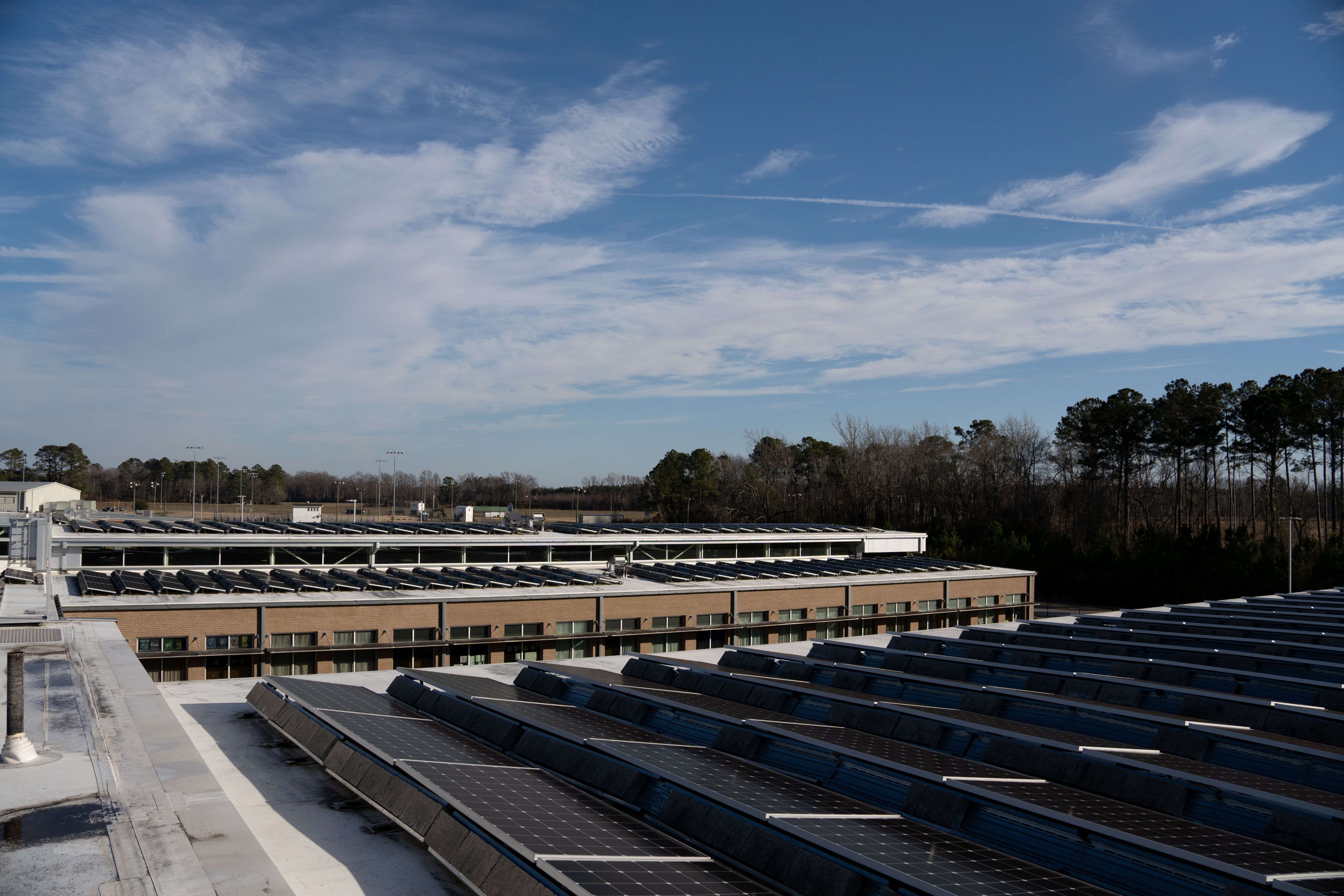 Solar panels on the roof of the Jones County K-12 School.